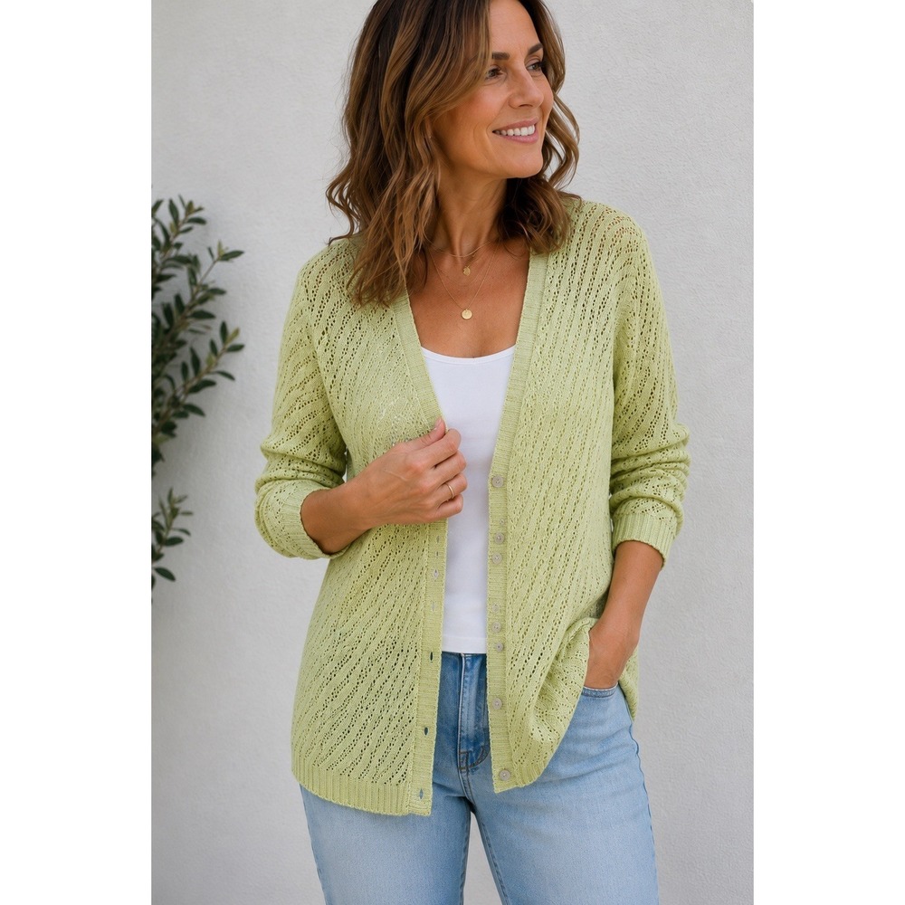 Chico's Open Knit Button Front Cardigan Sweater Celery Green Sz L